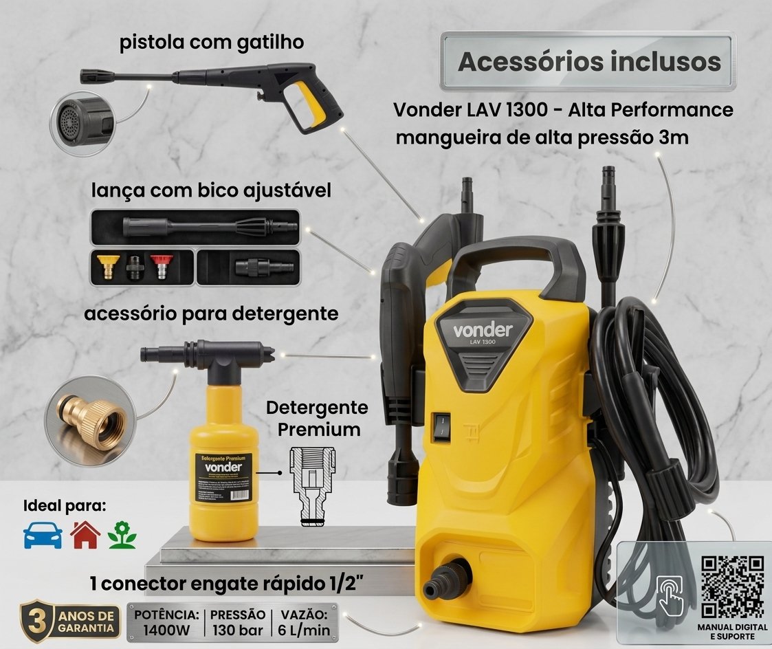 Lavadora de Alta Pressão Vonder LAV 1300 – 1300 Libras, Compacta, Potente