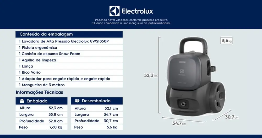 Lavadora de Alta Pressão Electrolux 1850PSI 1500W Potência com Canhão de Espuma PowerWash EWS1850P Preta