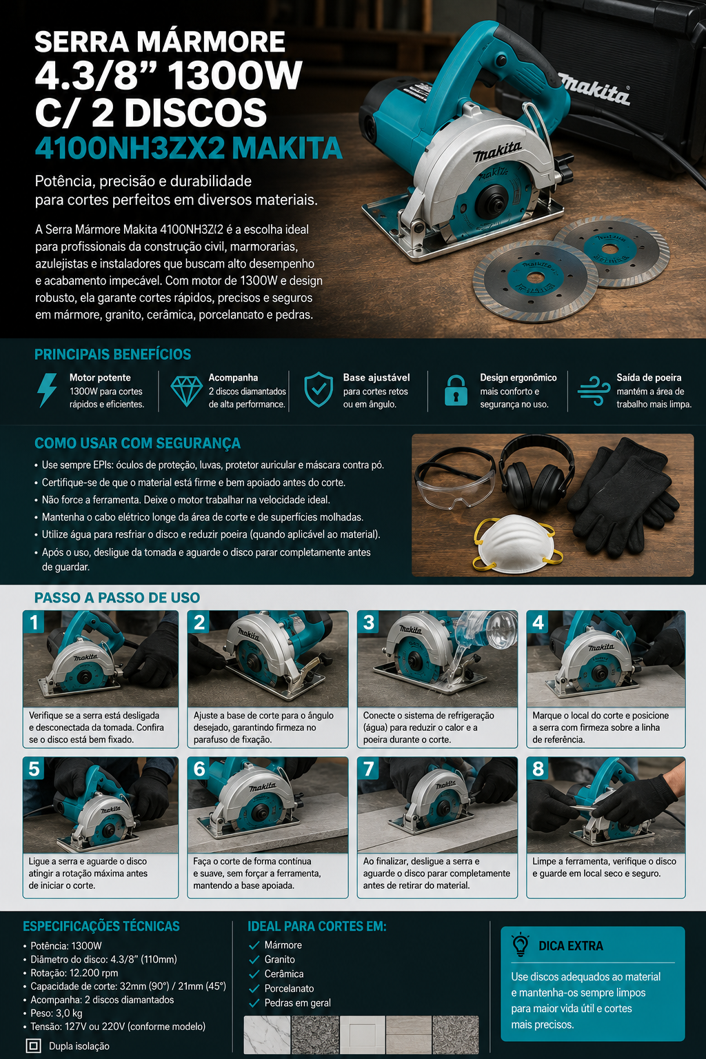 Serra Mármore Makita 4.3/8" 1300W 4100NH3ZX2 com 2 Discos — Potência e Precisão para Seus Cortes